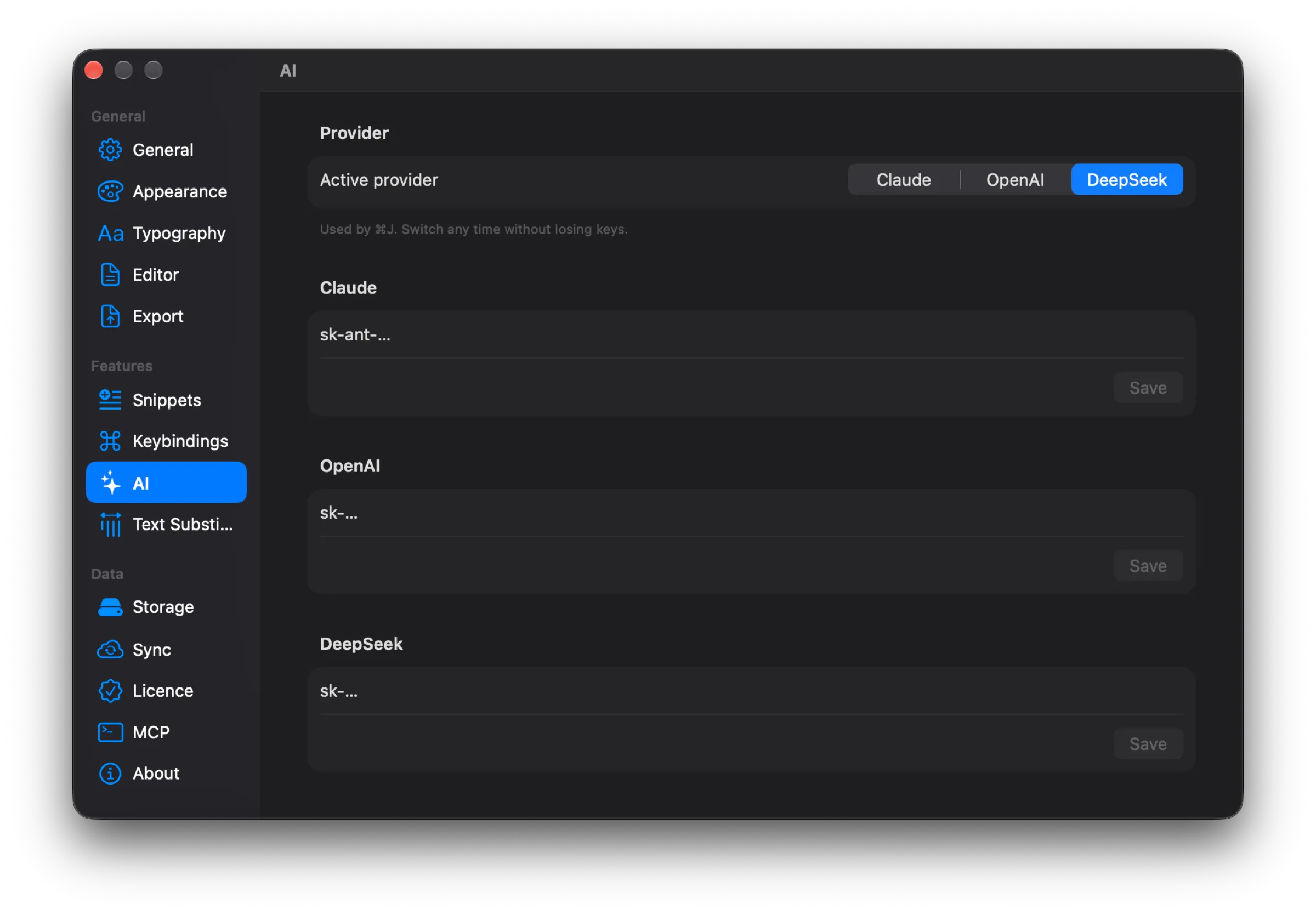 AI settings section: active provider switcher for Claude, OpenAI, DeepSeek, and fields for three API keys