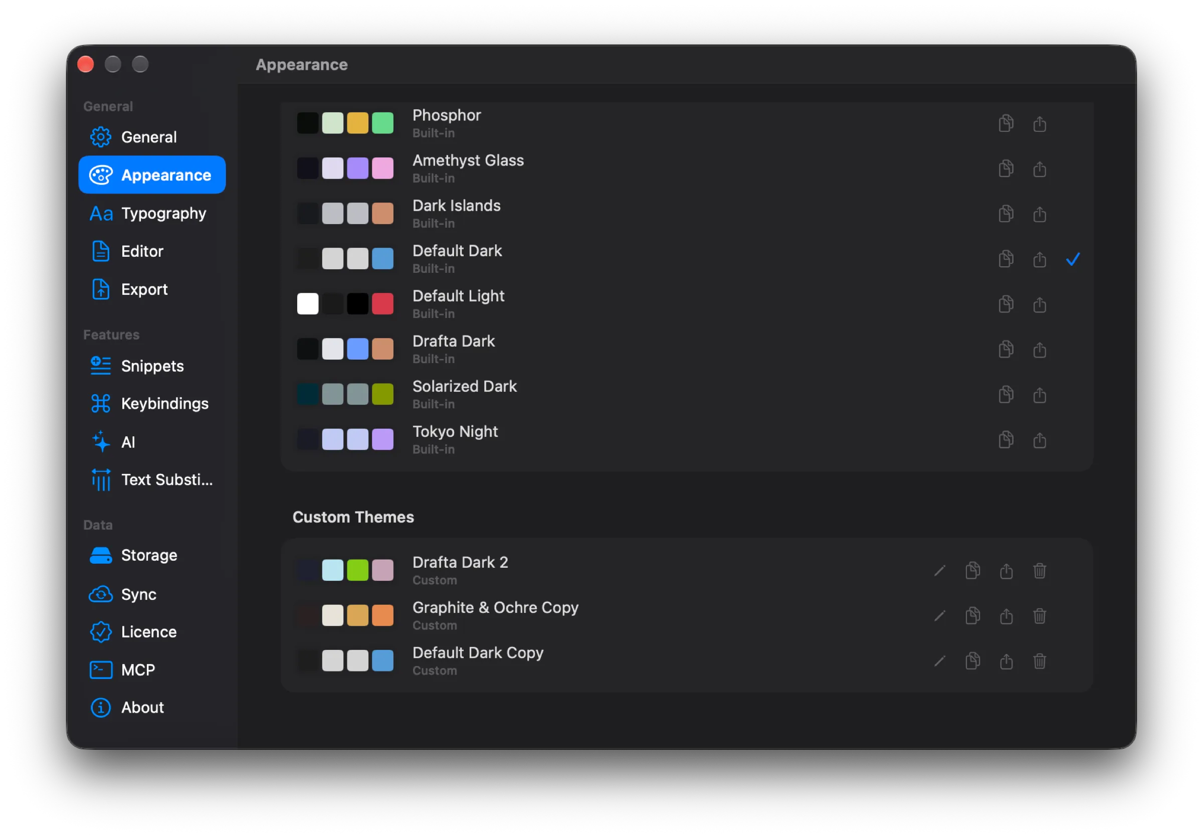Appearance section with three custom themes in the Custom Themes block and buttons for editing, copying, exporting, and deleting