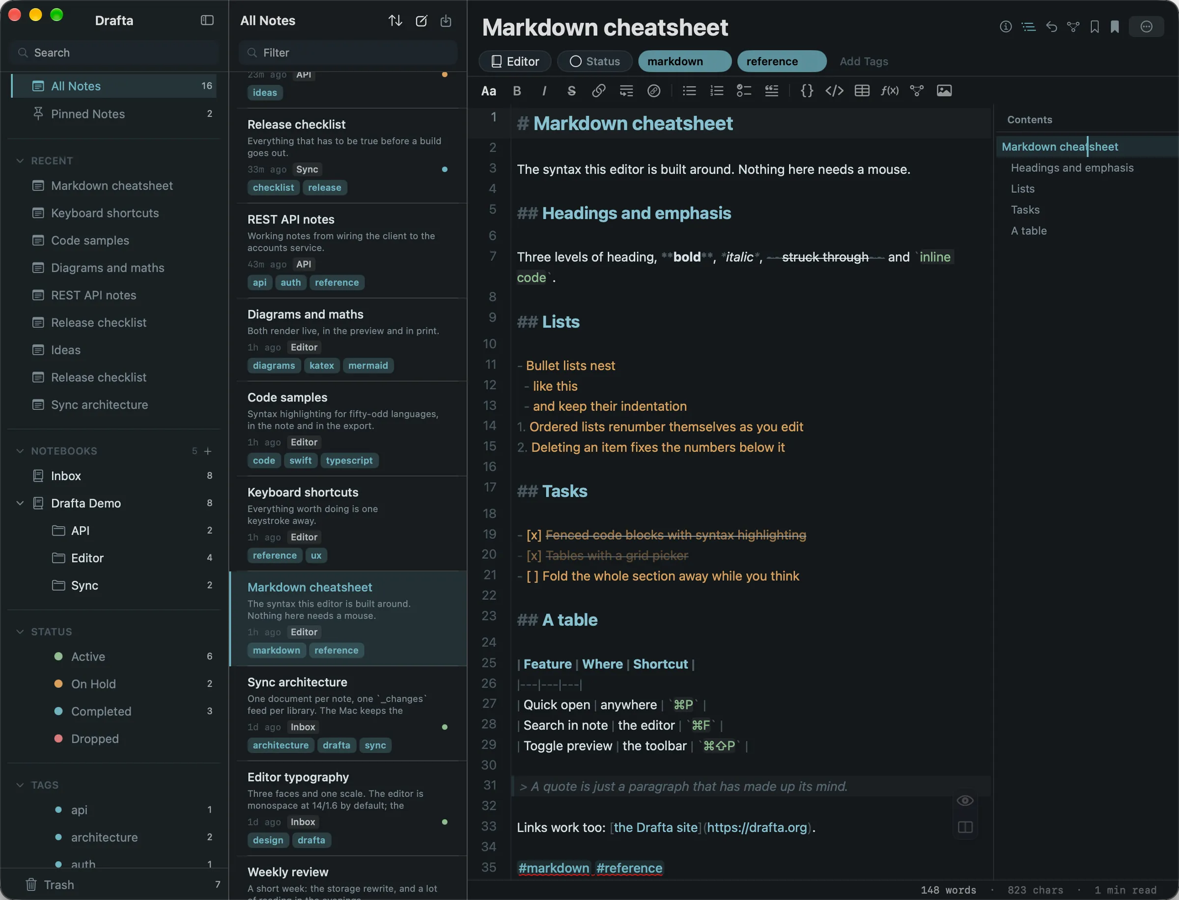 Drafta on macOS: notebooks, statuses and tags in the sidebar, the note list, and a Markdown note open in the editor with line numbers and a table of contents.