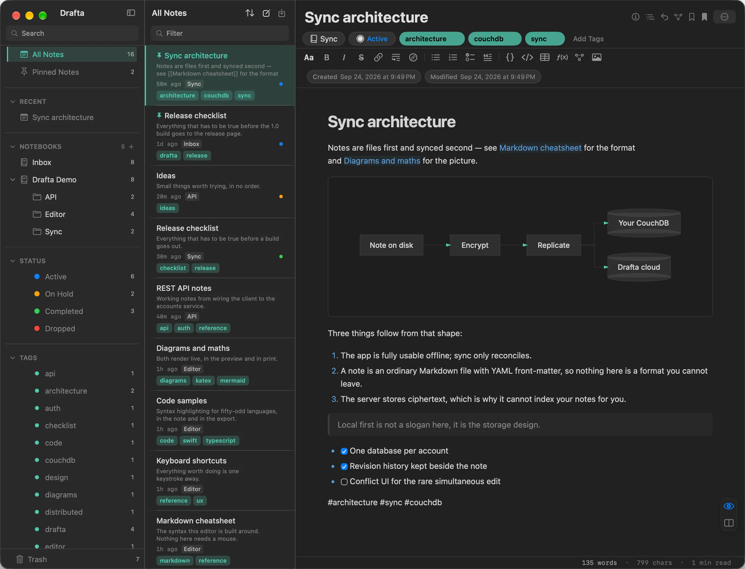 The sidebar with nested notebooks, four statuses and tag counts, next to a note whose preview renders a diagram.