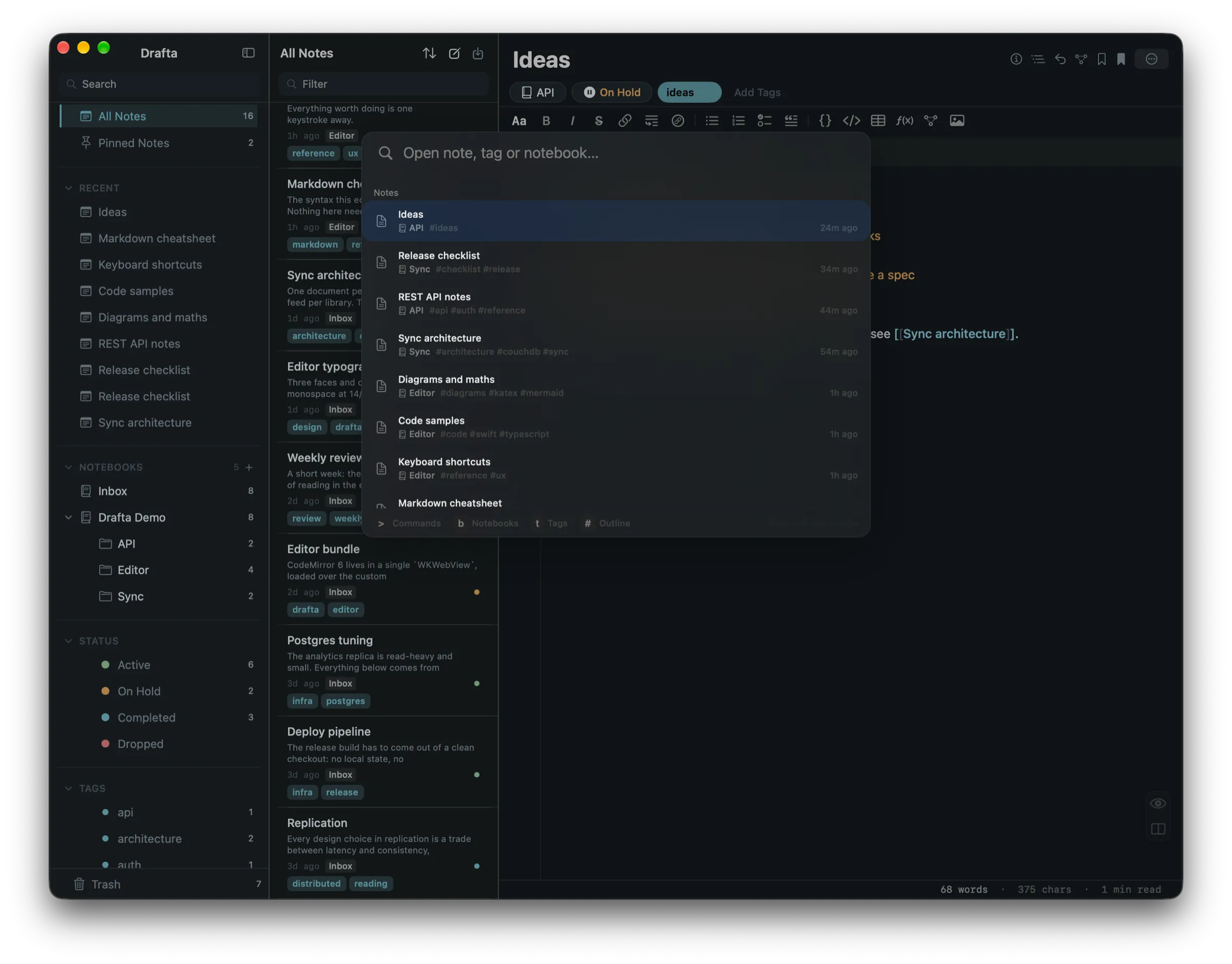 Quick switcher panel over the window: search field, list of notes with notebooks and tags, prefix hints at the bottom