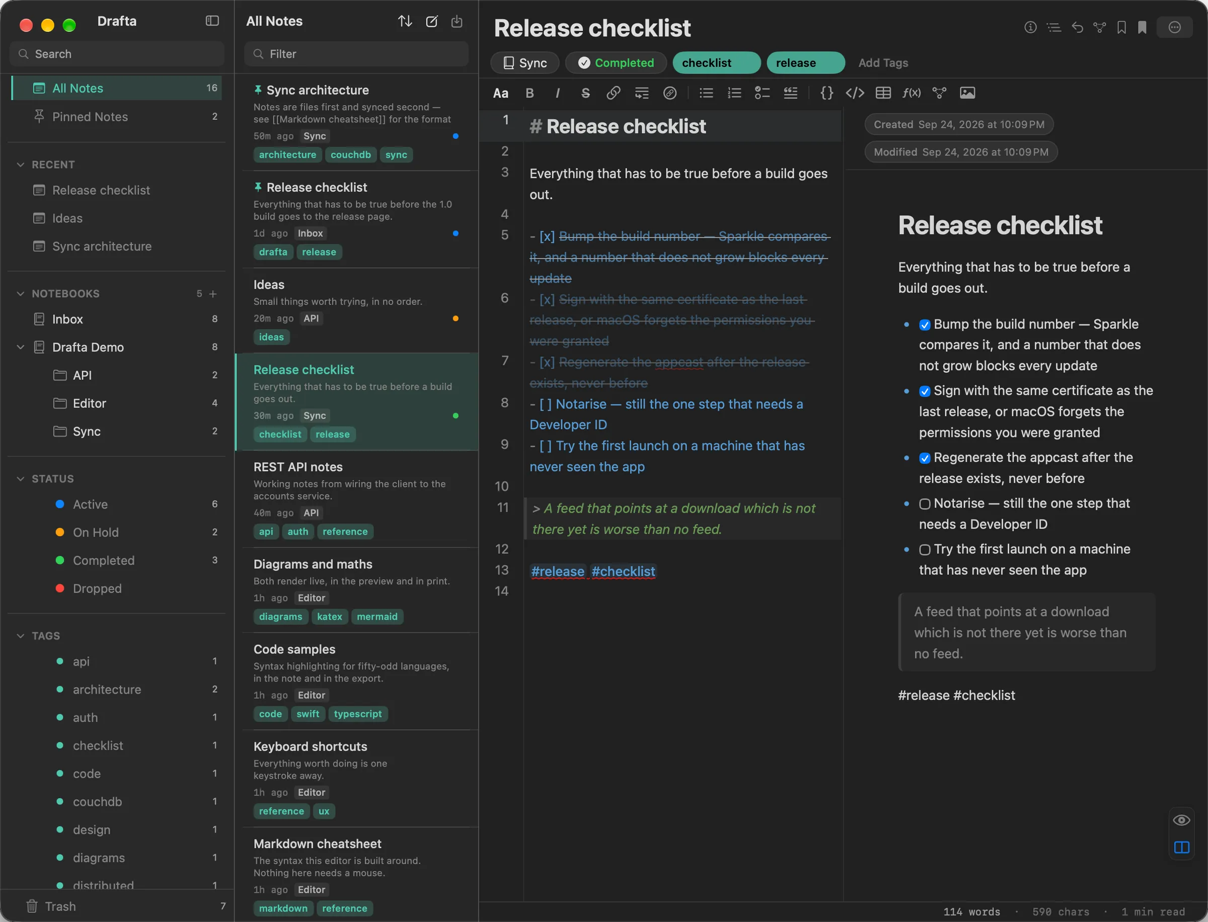 Drafta in split mode: the Markdown of a release checklist on the left, the rendered checklist with ticked tasks on the right.