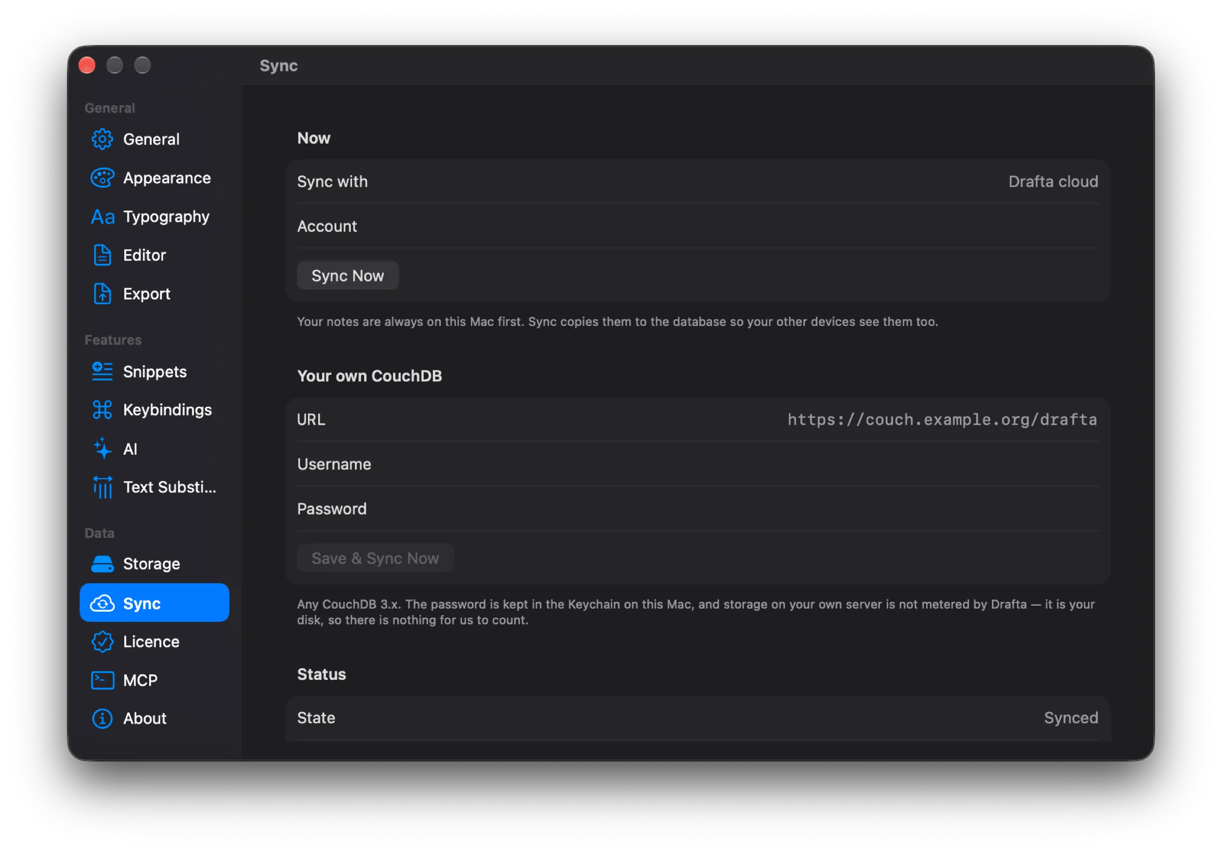 The Sync section of the settings: sync with the Drafta cloud, the Sync Now button, fields for your own CouchDB, and the Synced status