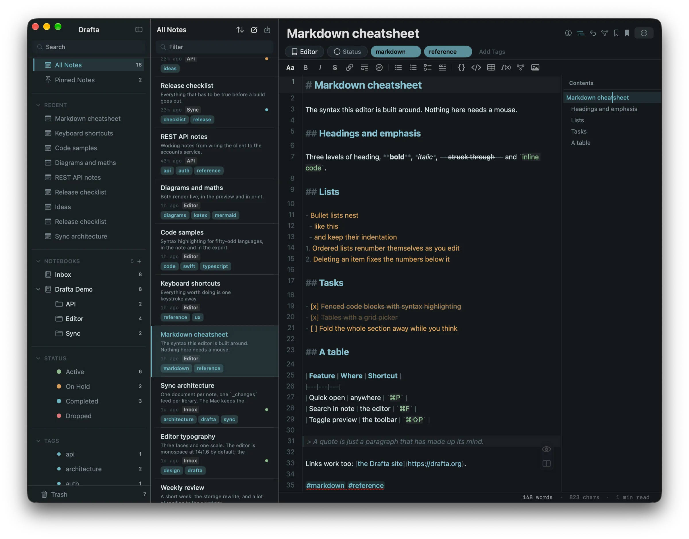 A Markdown cheat-sheet note with the table of contents panel on the right